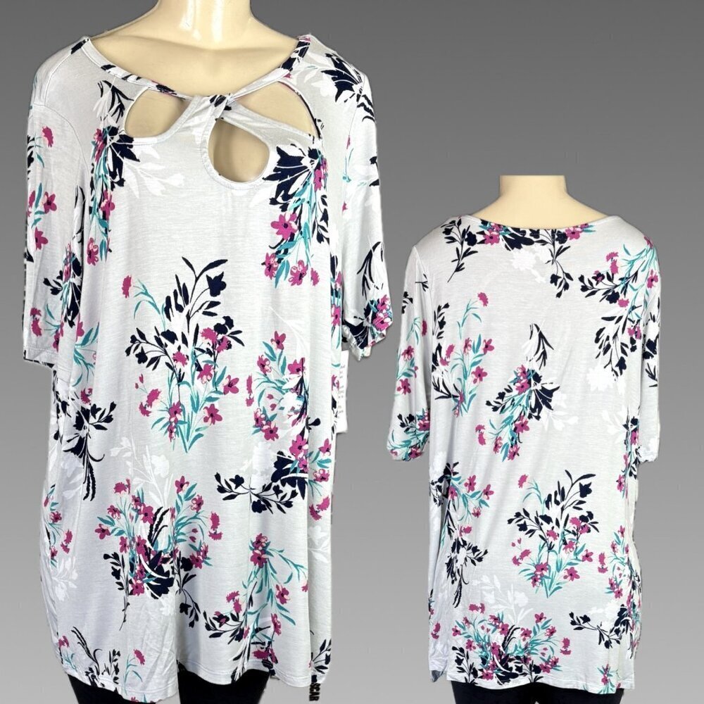 Jessica London +18/20 Gray Floral Triple Cut-Out Neckline Half Sleeve Tunic Top